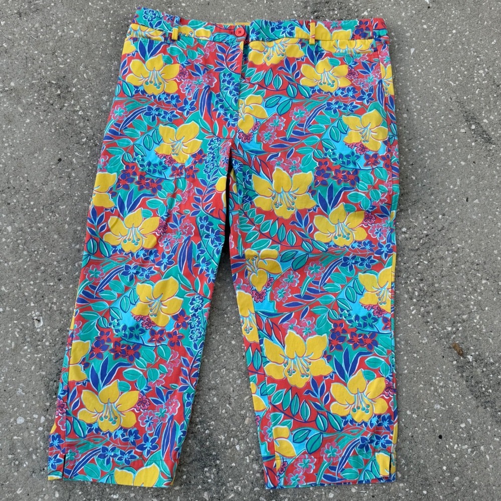 Talbots Tropical Floral Print Cropped Capri Travel Pants Women 10 Multicolor
